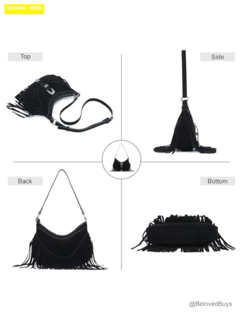 Vegan Suede Fringe Tassel Crossbody Hobo Bag with Adjustable Strap
